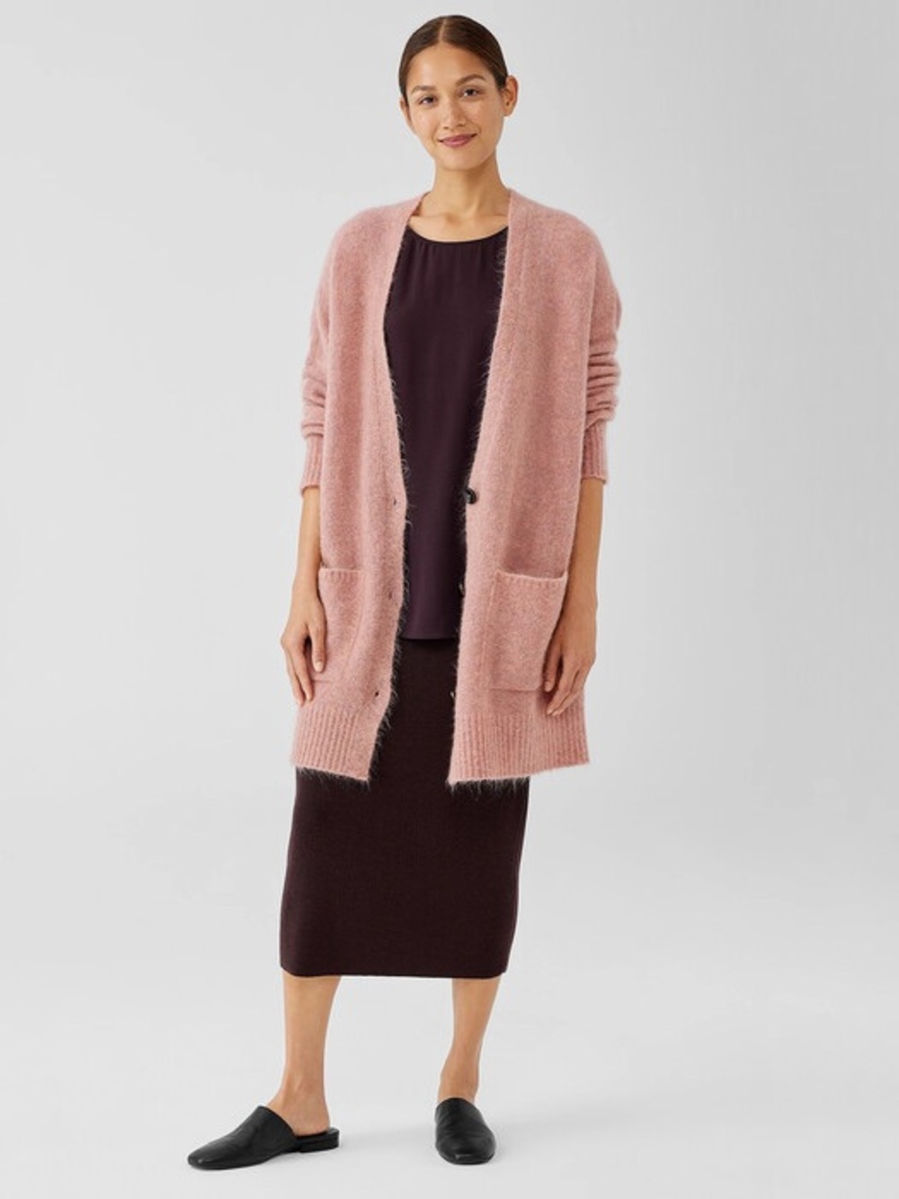 Eileen Fisher Mohair Plush Melange V-Neck Cardigan In Pink Size XS